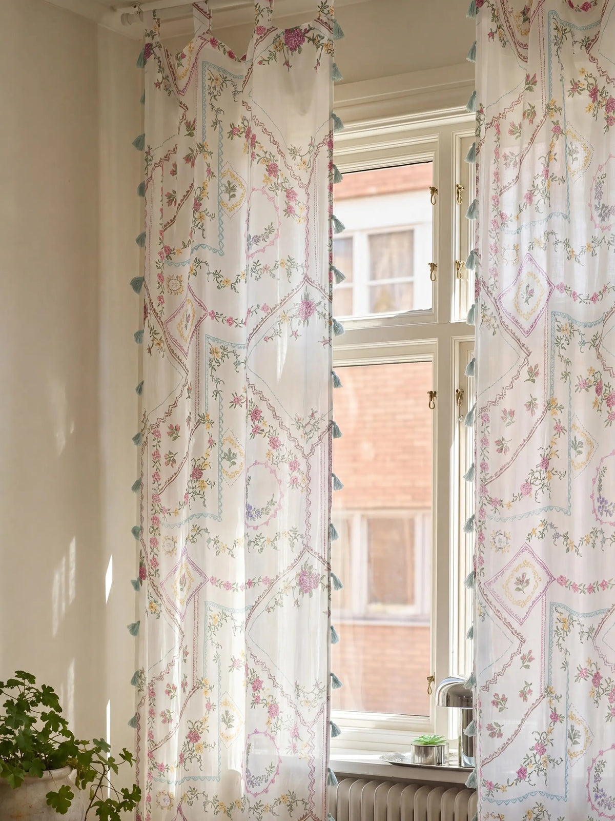 Printed Curtain Panel - Heirloom Cross Stitch Ivory
